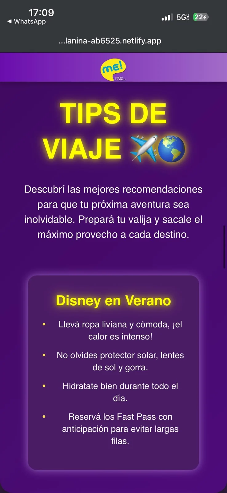 Mobile travel tips site screenshot
